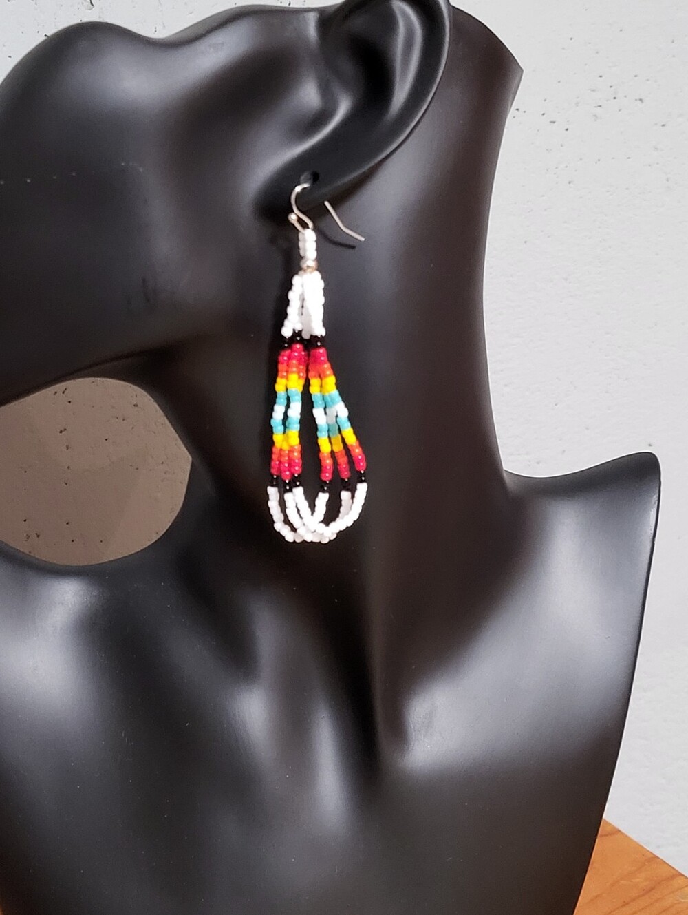 Handmade Multicolor Seed Bead Loop Earrings White, Red, Orange, Yellow,Turq Blue